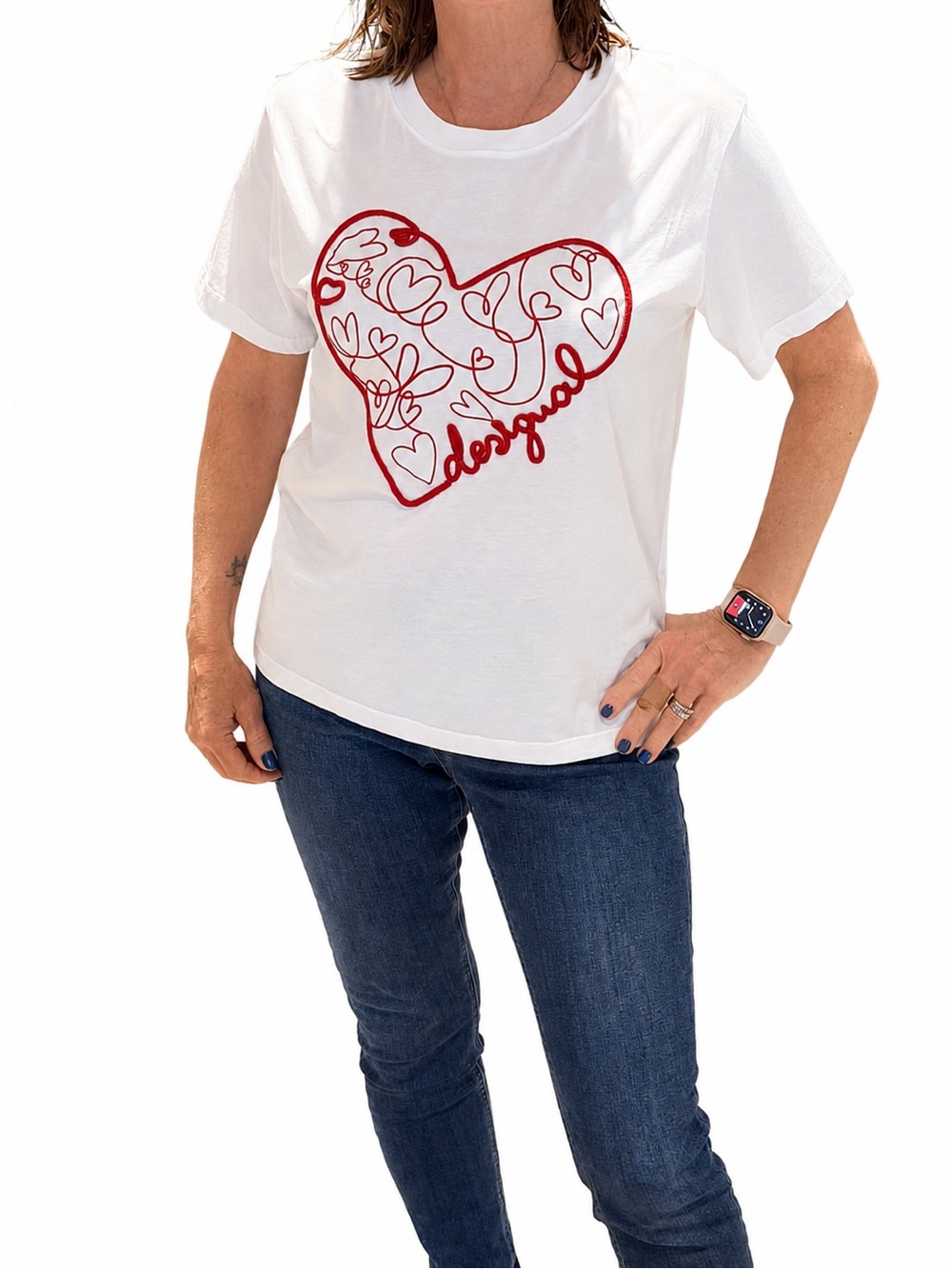 Desigual White Tee with Red Heart Graphic -